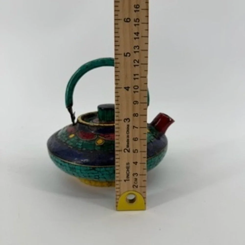 Vintage Tibetan Style Metal Teapot Turquoise Lapis Mosaic Inlay Decorative Pot